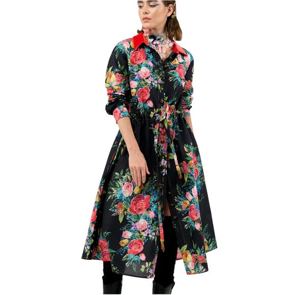 NWT ARATTA Zinnia Shirt Dress - Black Floral with Velvet Collar - Size M - Picture 1 of 4